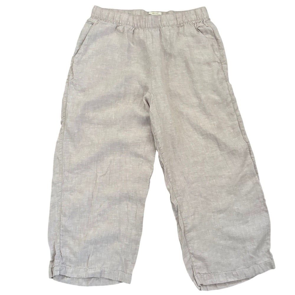 Cynthia Rowley 100% Linen Wide Leg Cropped Pants Size L Beige Coastal Vacation